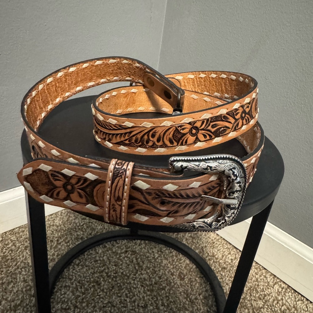 Brown Leather Belt with Silver Buckle